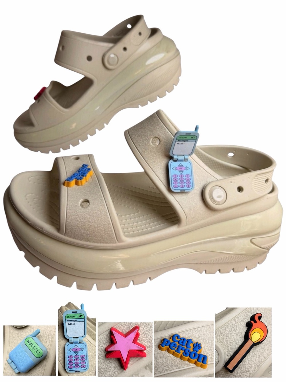 Crocs Mega Crush Platform Sandals Bone Cream Womens 8 Jibbitz